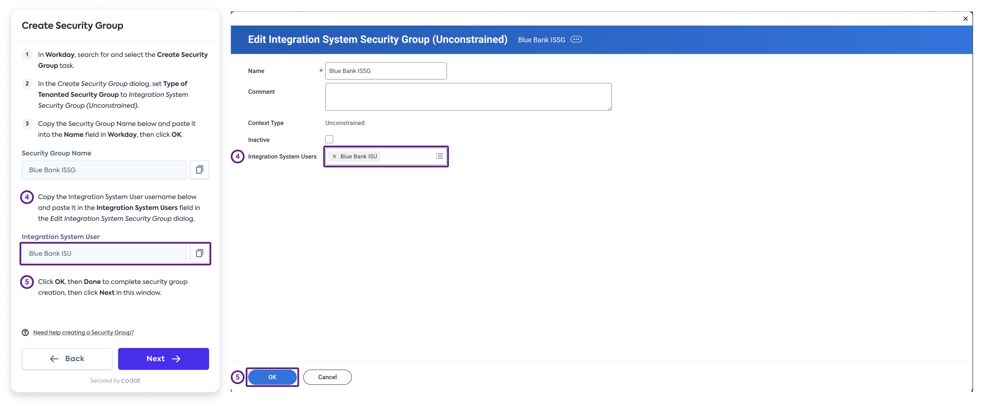 Screenshot of Workday’s interface displaying the Edit Integration System Security Group (Unconstrained) dialog configured with the expected fields.