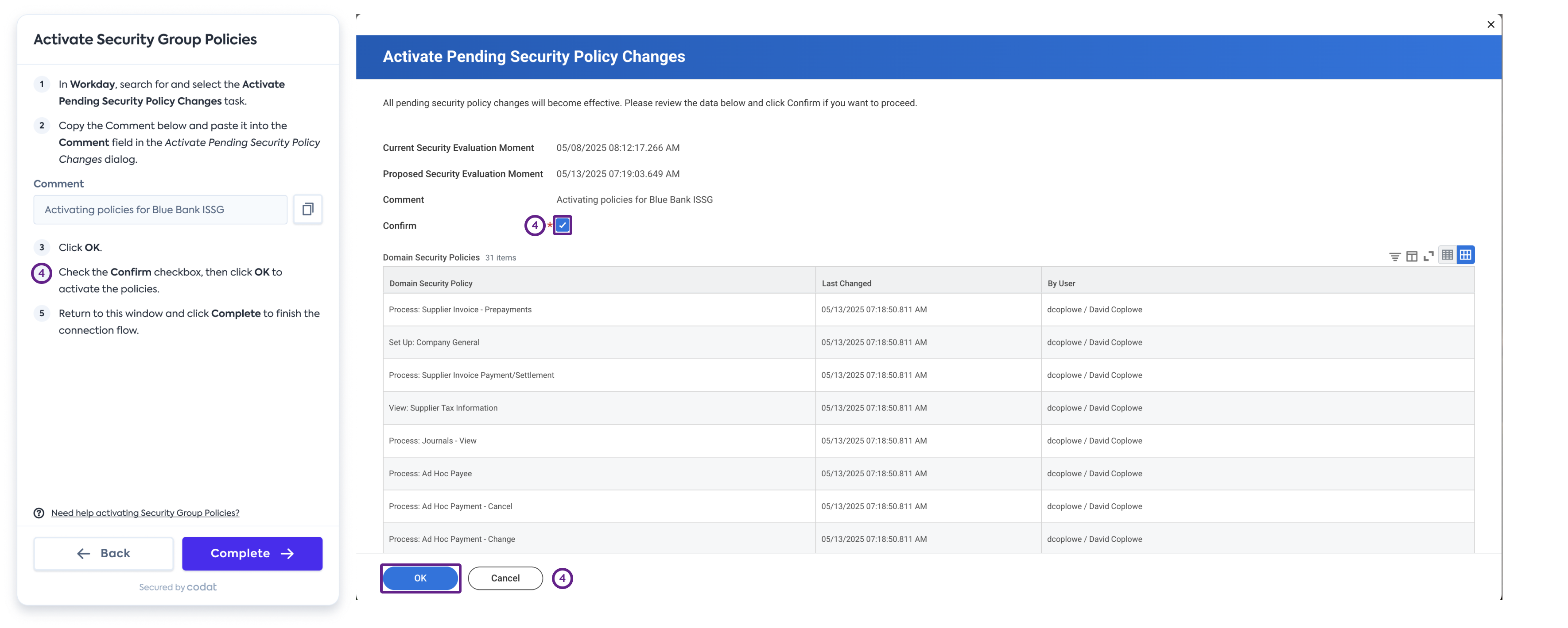 Screenshot of Workday’s interface displaying the Activate Pending Security Policies dialog with an example comment about what's being activated.