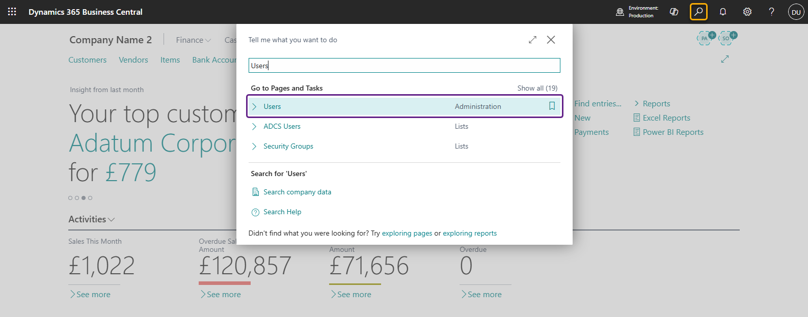 Screenshot of Business Central's search bar being used to search for "Users".