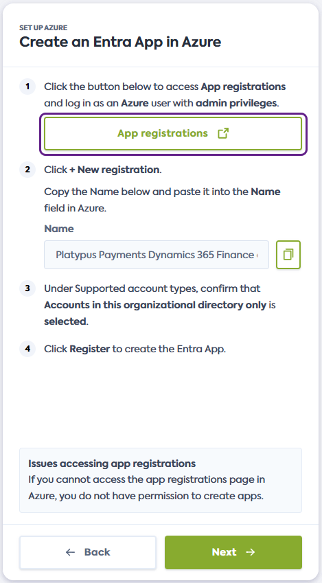 Screenshot of the Dynamics 365 F&O flow - Create Entra App step. The link button that says App registrations is outlined in bold.