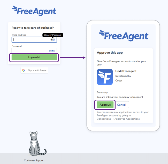Screenshot of two screens of the FreeAgent interface requesting a login and password and an approval to connect an app. Arrow connects the screenshots.