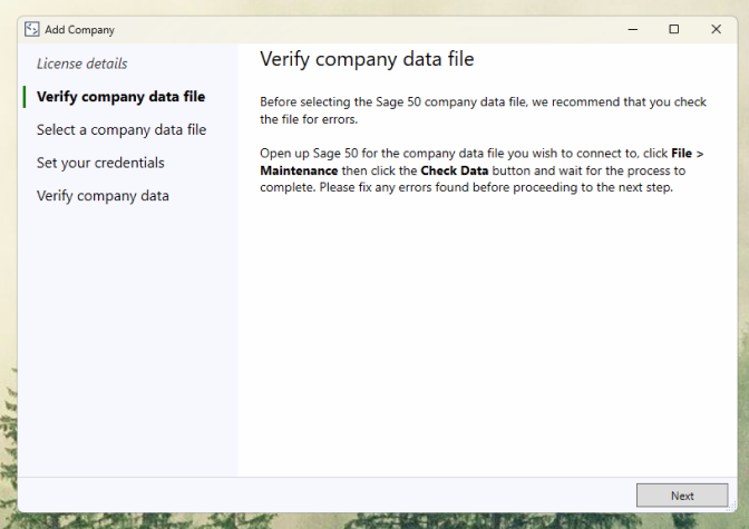 Screenshot of the installation window of the Sage 50 connector.