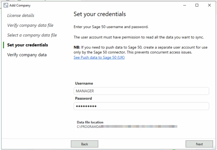 Screenshot of the installation window of the Sage 50 connector.