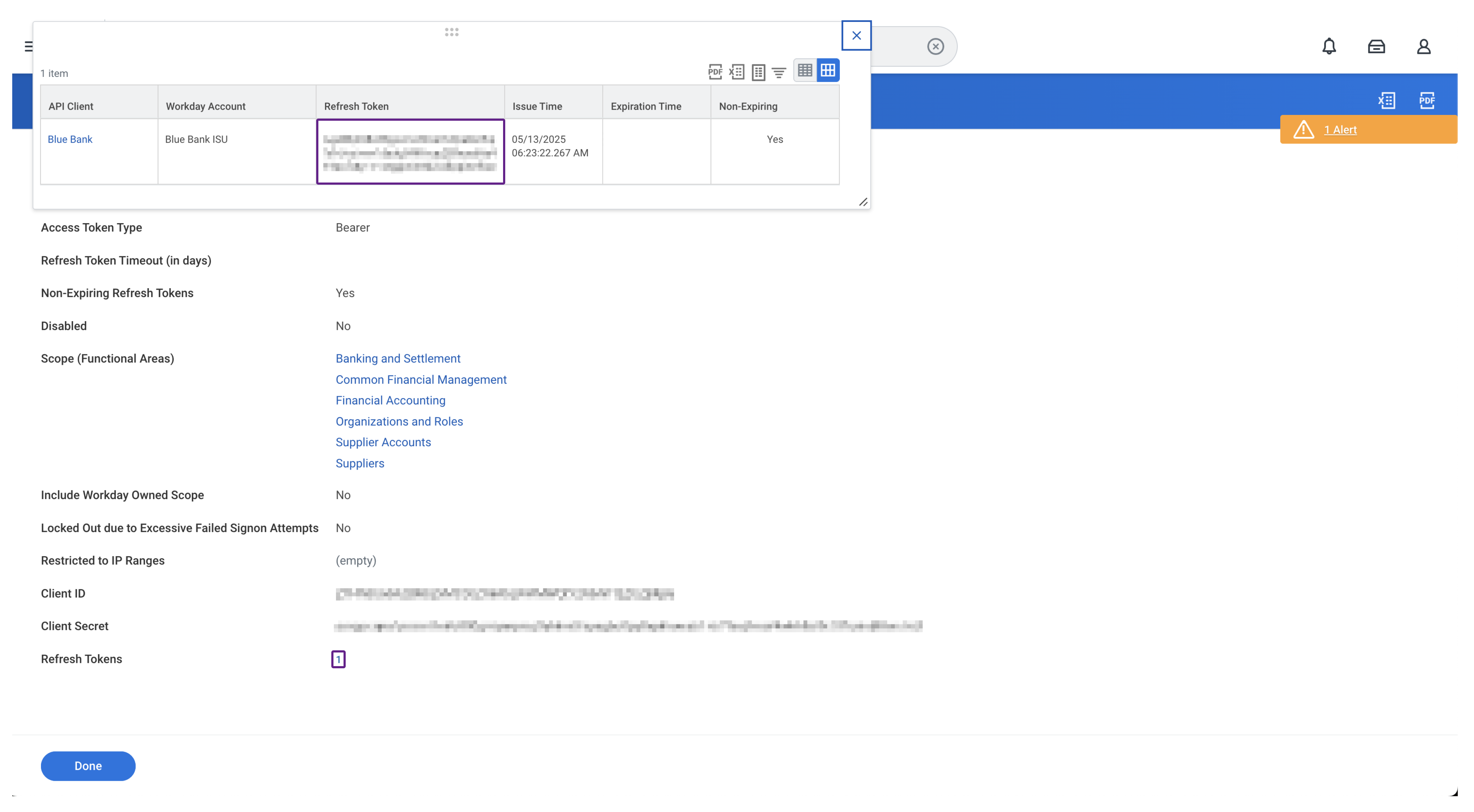 Screenshot of Workday’s interface displaying the View API Clients report with the Refresh Token line outlined.
