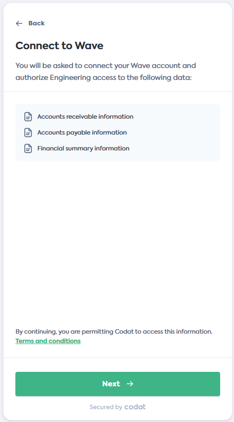 Screenshot of the Connect to Wave screen of Codat's Link Flow.