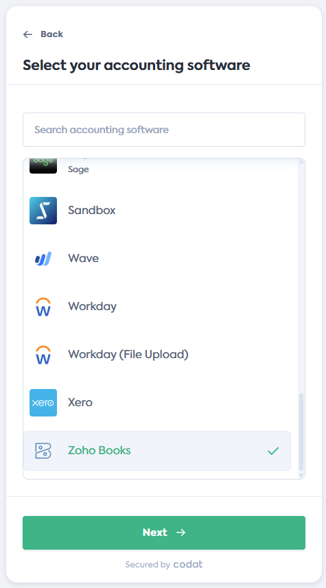 Screenshot of the Select your accounting software screen of Codat's Link Flow. It displays a list of integrations. Zoho Books tile is selected.