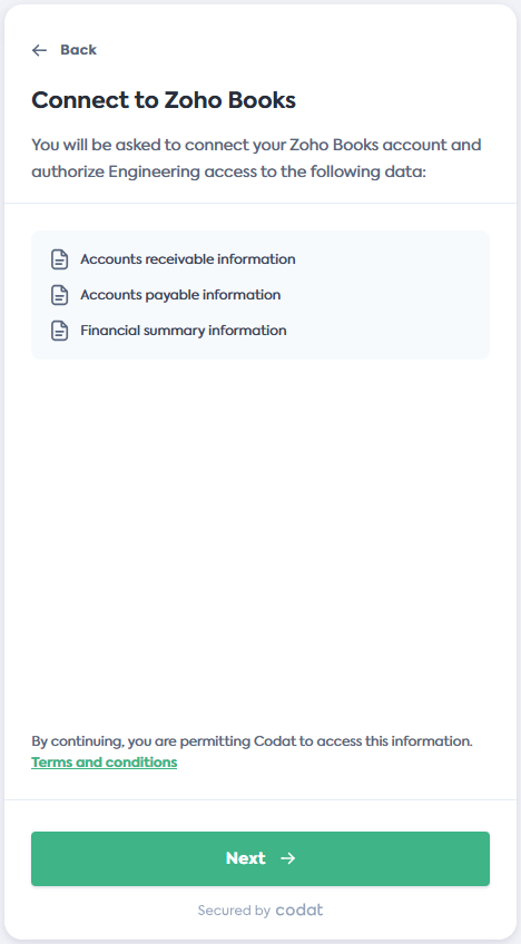Screenshot of the Connect to Zoho Books screen of Codat's Link Flow.